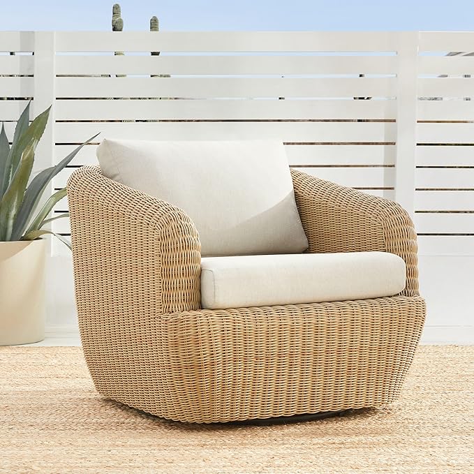 CHITA Patio Wicker 360° Swivel Chair with Removable Cushion, Backyard Rattan Chair for Sunrooms, Patios, Decks, Fully Assembled(Beige Cushions with Light Brown Wicker)