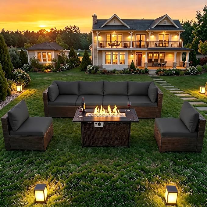 LAFWELL 8-Piece Wicker Patio Conversation Set with 44" Propane Fire Pit Table, Cozy Outdoor Sectional Sofa for Backyard Gatherings, Poolside Lounging & Garden Parties