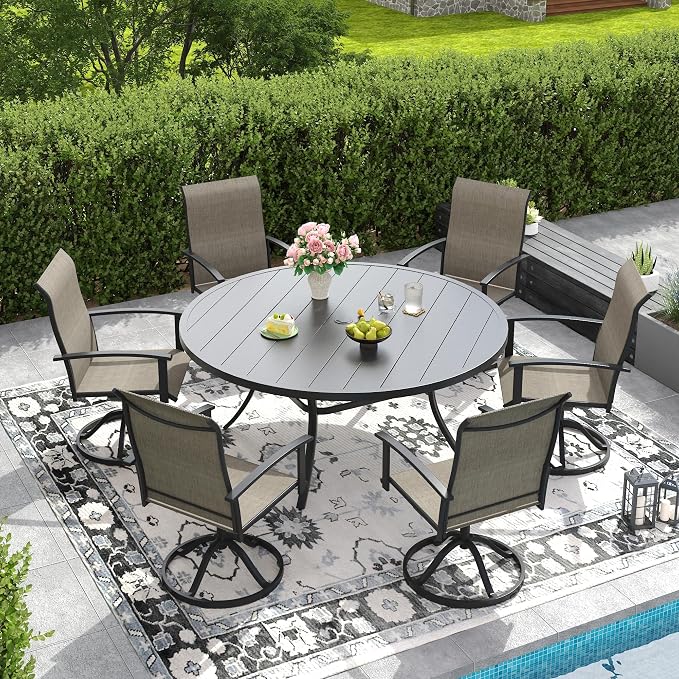 DIFY 7 Pieces Outdoor Dining Set for 6, 53" Black Round Metal Table with Umbrella Hole and Brown Textilene Swivel Patio Chairs, Patio Table and Chairs Set for Garden, Backyard, Poolside