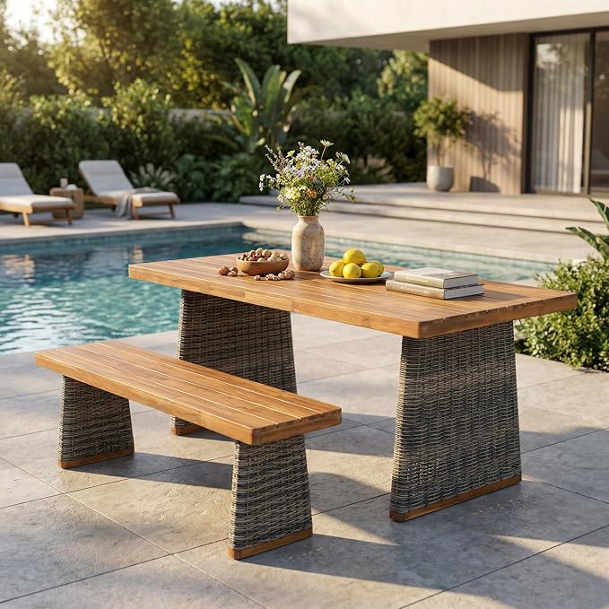 Merax 2-Piece Outdoor Dining Set Acacia Wood, 1 Table + 1 Bench, Slatted Design Tabletop & Woven Rattan Legs, Weather-Resistant Rectangle Patio Dining Set, Grey