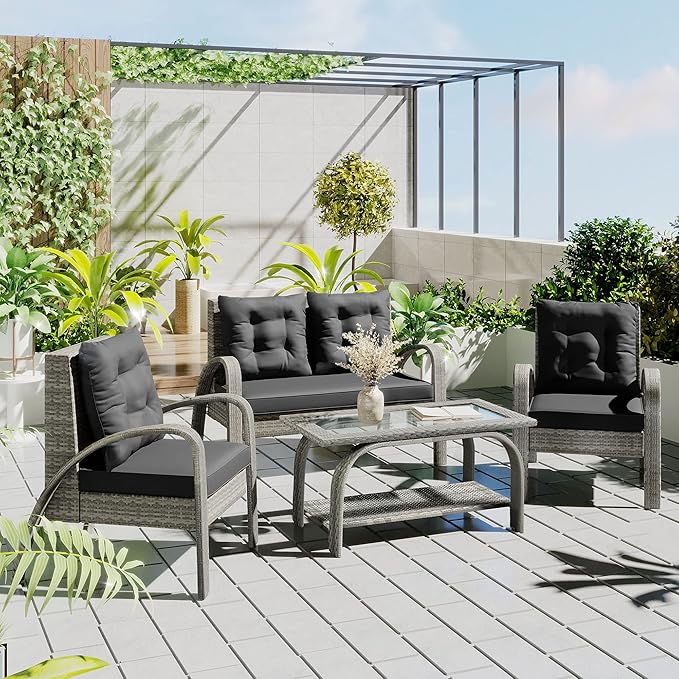 4-Piece Sectional Rattan Patio Furniture Set, All-Weather PE Wicker Sofa Set, Outdoor Patio Conversation Set with Tempered Glass Storage Coffee Table for Backyard, Poolside