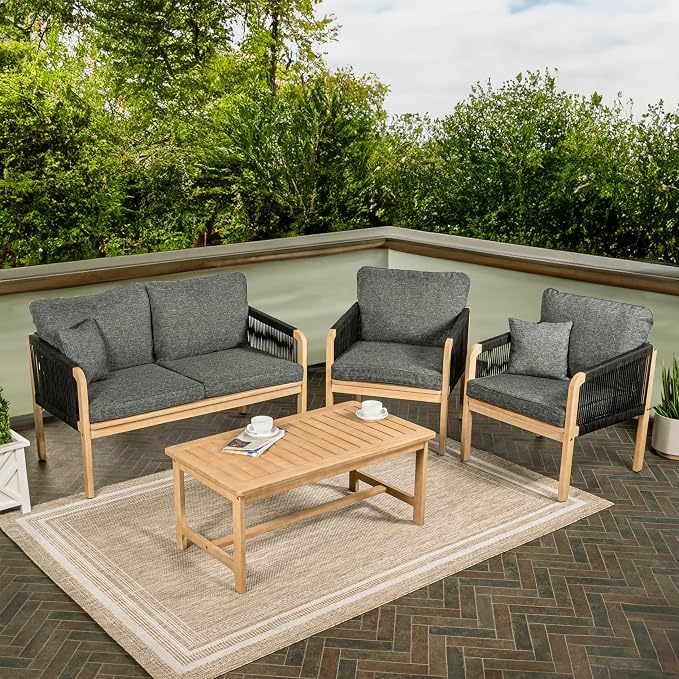 JONATHAN Y Tavira Coastal 4-Piece Acacia Wood Outdoor Patio Set, Black Woven Rope Conversation Furniture with Coffee Table and Removable Dark Gray Cushions for Backyard, Garden, Porch LVG1202B-4SET