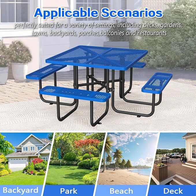 46" Iron Mesh Picnic Table with 1.73" Umbrella Hole Blue | Rust & Heat-Resistant, All-Season Use, Safe Arc Corners, Outdoor Square Metal Picnic Tables for Patio, Park or Backyard