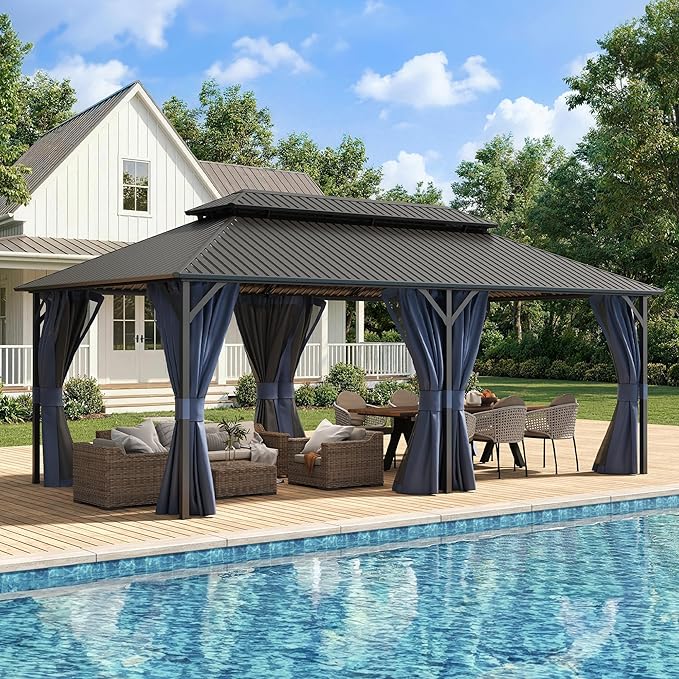 UDPATIO 12'x20' Hardtop Gazebo, Outdoor Metal Gazebo with Galvanized Steel Double Roof, Permanent Pavilion with Netting and Curtains for Lawn, Garden, Patio, Navy Blue