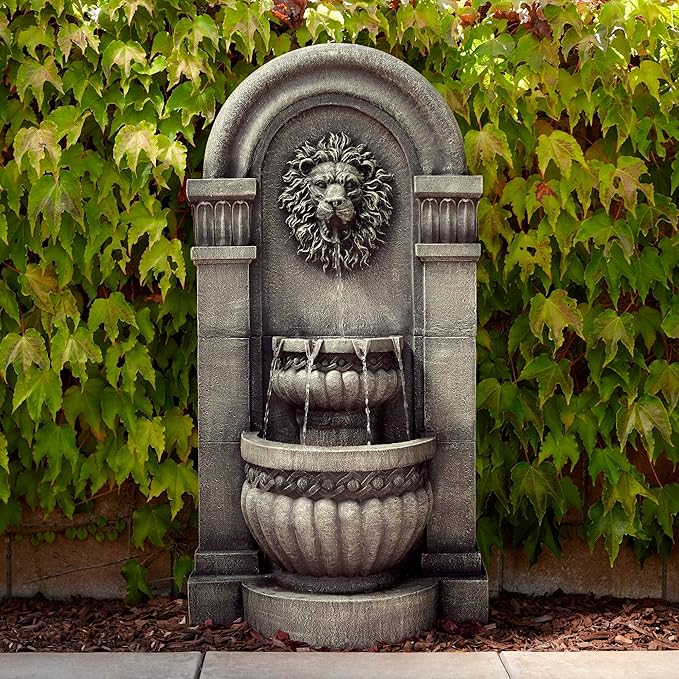 Royal Lion Face 50" High Large Italian Indoor Outdoor Decor Faux Stone Floor Fountain with Light LED Waterfall 2-Tier Statue Water Feature for Outside Garden Patio Yard Backyard - John Timberland