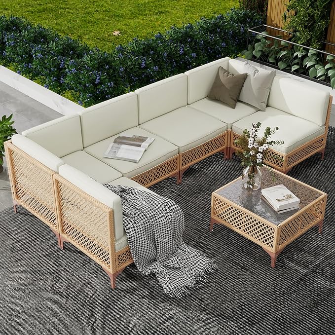 9-Piece Outdoor Patio Furniture Set with Large Fire Pit Table, Boho Wicker Outdoor Conversation Sectional Set & 60,000 BTU Rectangle Propane Fire Pit, Storage Box & Tempered Glass Coffee Table