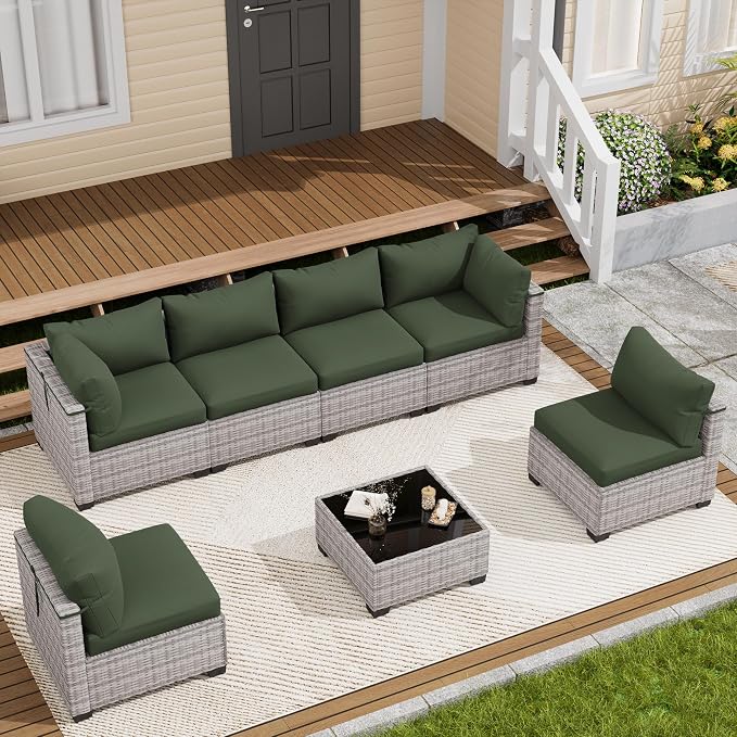 LOUVIXA 7 Piece Outdoor Patio Furniture Set, Outdoor Sectional Sofa, Wicker Rattan Patio Furniture, Patio Conversation Set with Coffee Table & Cushions