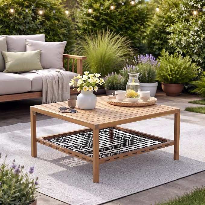 Christopher Knight Home Outdoor Acacia Wood Coffee Table with Woven Rope Storage Shelf Square Patio Coffee Table 35.43 Inch for Balcony Backyard Poolside Natural Wood Finish