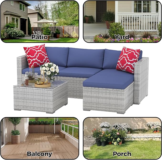 GAOMON 5 Piece Outdoor Patio Furniture Set, PE Rattan Patio Conversation Sets, All-Weather Wicker Outside Sofa Set with Thick Cushions, Bistro Sets w/Coffee Table for Pool, Backyard, Lawn(Grey+Blue)