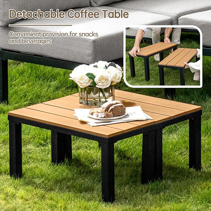 PIZZELLO 12 Pieces Outdoor Patio Furniture w/ 6" Thick Cushion, U-Shaped Sofa Set, All Weather Sectional Conversation Modular Couch for Garden, Deck, Lawn