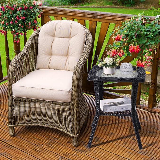 Wicker Rattan Side Table Patio Wicker Table, Outdoor Square Rattan Coffee Table End Table with Tempered Glass Top and Storage for Patio Porch Lawn (Black)