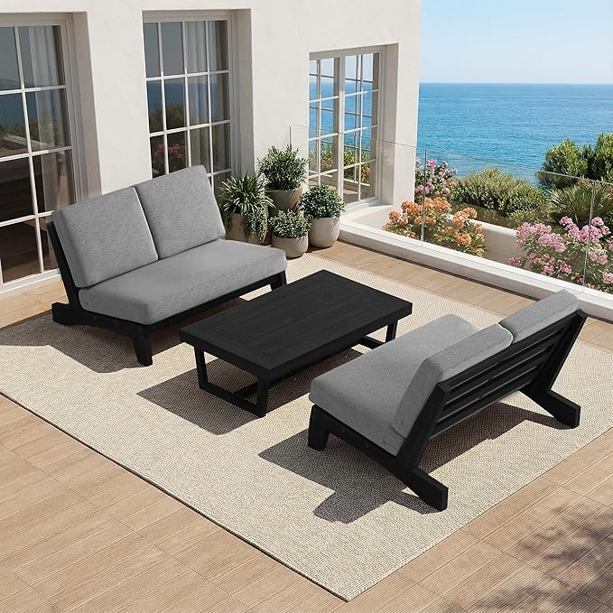 UIXE 2 Pieces All Weather Wood Patio Furniture Sets, Patio Loveseat Outdoor Sofa with Solid Wooden Coffee Table, Black Teak - Gray