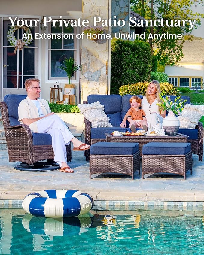 HILLGA Luxury Patio Furniture Set with 6-inch Thick Cushion, Outdoor Couch, Loveseat and High Back Swivel Rocker Patio Chairs, 7PCS Wicker Conversation Set for Deck Yard and Poolside, Blue (V2)