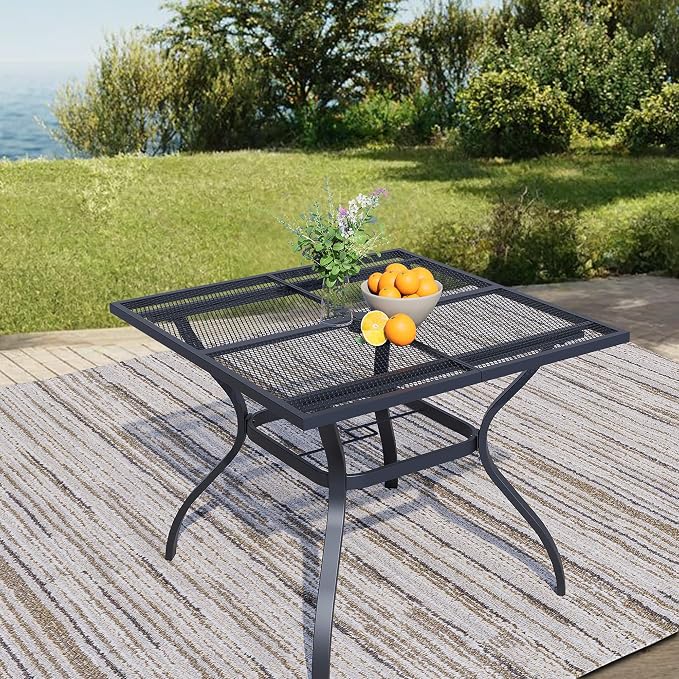 37.6'' Outdoor Patio Dining Table with Adjustable Umbrella Hole, Mesh Tabletop Square Table, Heavy Duty 400lbs Capacity, for Deck, Balcony, Bistro, Black