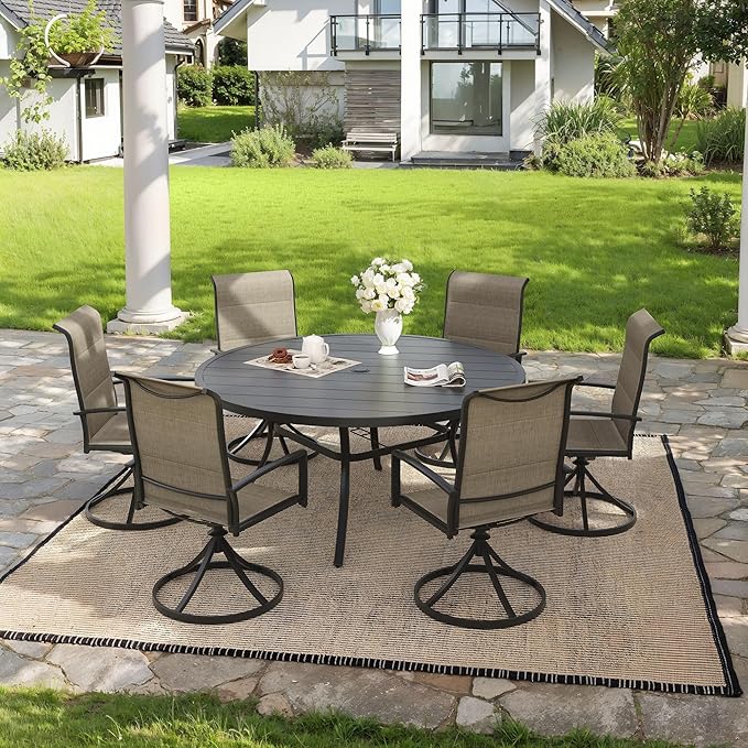 VICLLAX 7 Pieces Outdoor Dining Set, Patio Furniture Set Includes 50" Round Metal Table W/ 1.9" Umbrella Hole and 6 Padded Textilene Swivel Chairs for Porch, Lawn, Garden, Backyard