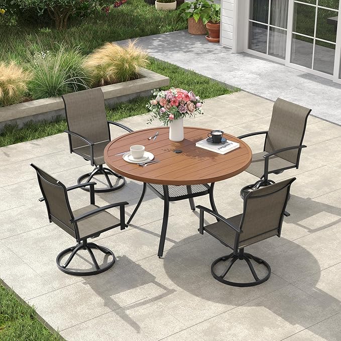 VICLLAX Outdoor Table and Chairs Set for 4, Patio Dining Set of 40.7" Metal Round Patio Table with Umbrella Hole & 4 Swivel Outdoor Dining Chairs for Backyard Lawn, Mixed Brown & Walnut