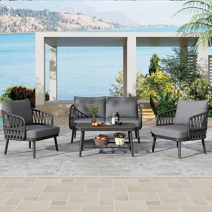 Montary 4-Piece U-Shaped Outdoor Patio Conversation Set - Metal Chairs with Woven Rope Design, Includes Acacia Coffee Table & Thick Cushions for Garden,Poolside, Balcony, Backyard (Gray)