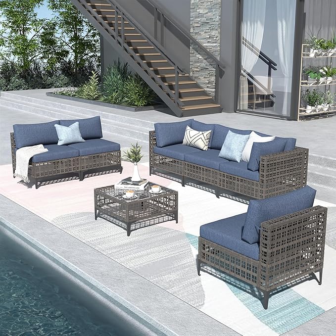 Patiorama 7 Piece Wicker Patio Furniture Set, Metal-Colored PE Rattan Outdoor Sofa Set Patio Sectional with Water Resistant Cushion and Coffee Table, Outdoor Couch, Porch, Backyard-Denim Blue