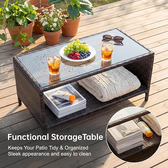 Devoko 4-Piece Patio Furniture Set, All-Weather PE Rattan Outdoor Conversation Set with Thick Cushions & Glass Coffee Table, Brown Wicker Patio Sofa Set for Backyard, Porch, Garden