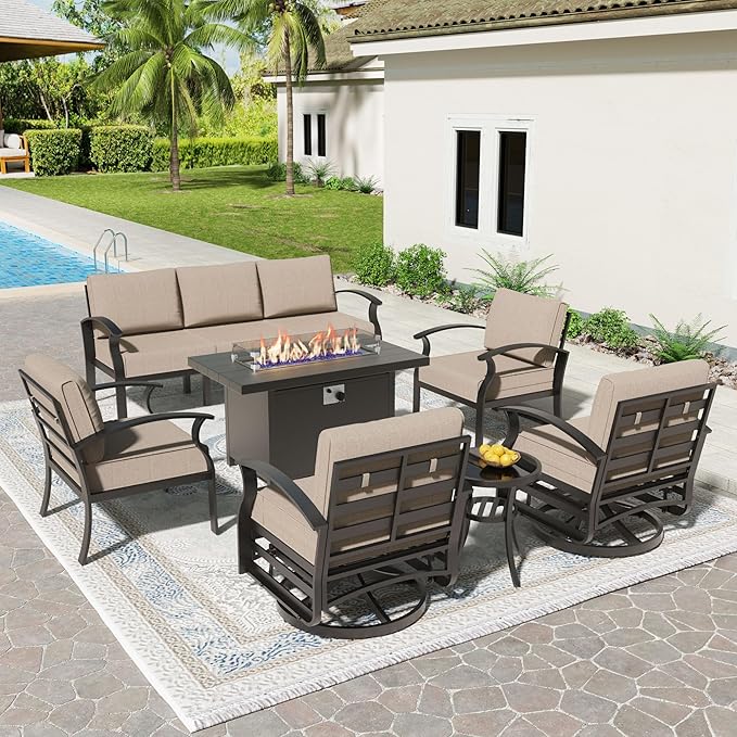 Aluminum Patio Furniture Set with 55,000 BTU Propane Fire Pit Table,7 Seats Metal Modern Outdoor Furniture w/5.1" Cushions,Patio Sectional w/Swivel Chairs for Backyard,Patio,Sand