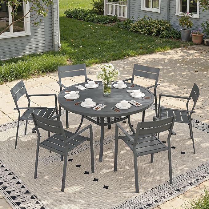 Patio Dining Set for 6, 47.2" Outdoor Dining Table and Chairs Set with Stackable Patio Chairs Outdoor Furniture for Garden Deck Backyard, Dark Grey Table and Grey Chairs