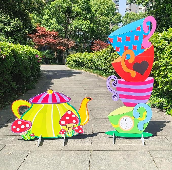 2 Pcs Giant Alice Party Decorations Props Sets Wonderland Yard Signs Decor Mad HatterTea Party Decoration Alice Themed Trick or Treat Stacked TeacupsTeapot with Stakes Stand Indoor Outdoor
