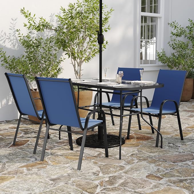 Merrick Lane Bardwell 5 Piece Outdoor Dining Table Set for 4 with Glass-Top Patio Table and 4 Stack Chairs with Flex Comfort Material in Navy