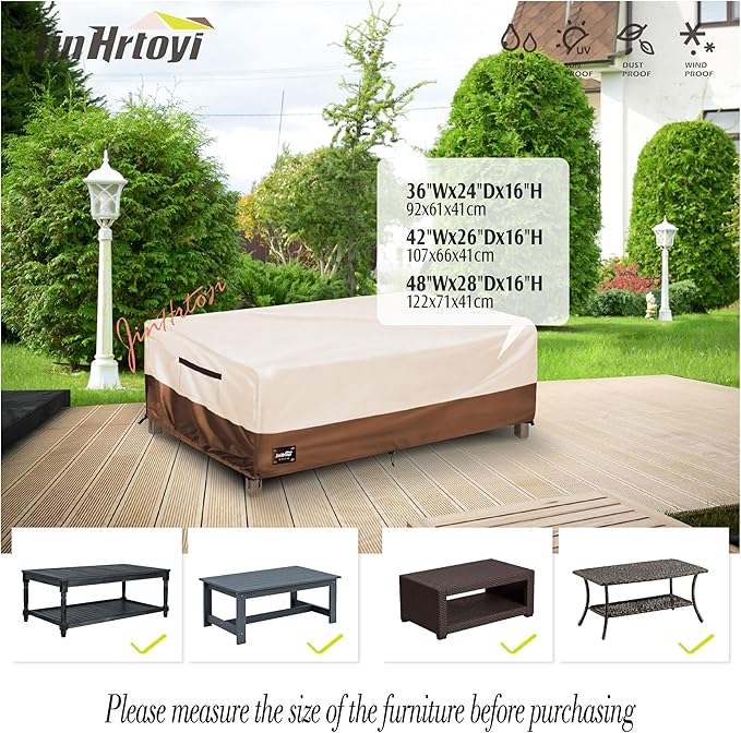 JinHrtoyi Patio Coffee Table Cover,42Wx26Dx16H Inches 100% Waterproof Heavy Duty Outdoor Rectangular Side Table Cover,Beige&Brown Modern Style Outdoor Furniture Covers