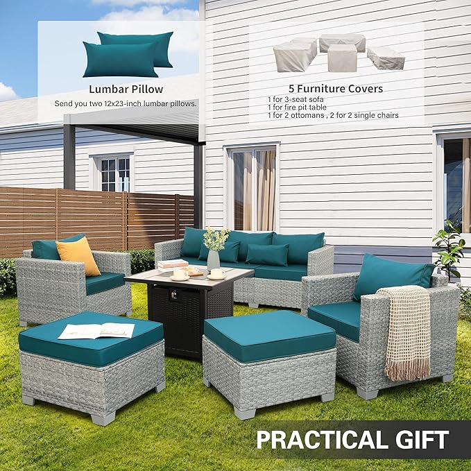 WAROOM Patio Furniture Set 6 Piece PE Rattan Outdoor Conversation Sets Grey Wicker Couch Sectional Sofa with 30" Fire Pit Table and Peacock Blue Cushion