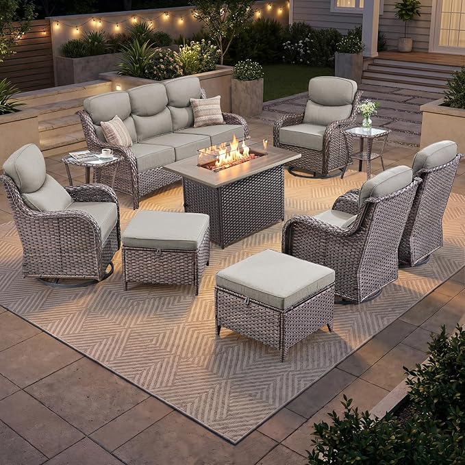 Luxury Patio Furniture Set 10pcs with 6-inch Thick Cushion, Outdoor Furniture with Fire Pit Table, Swivel Chairs, Sofa, Side Table, Ottomans, Patio Set for Deck Yard Brown Wicker | Grey Cushions
