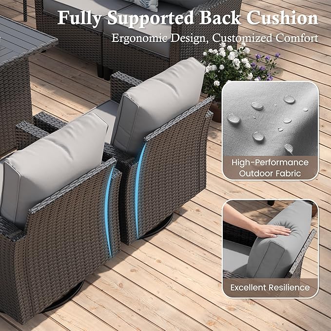 Amopatio Patio Furniture Set, 5-Piece Wicker Outdoor Sectional Sofa with Swivel Rocker Chairs, Rattan Conversation Set with Fire Pit Table and Waterproof Cover for Backyard Black/Light Grey
