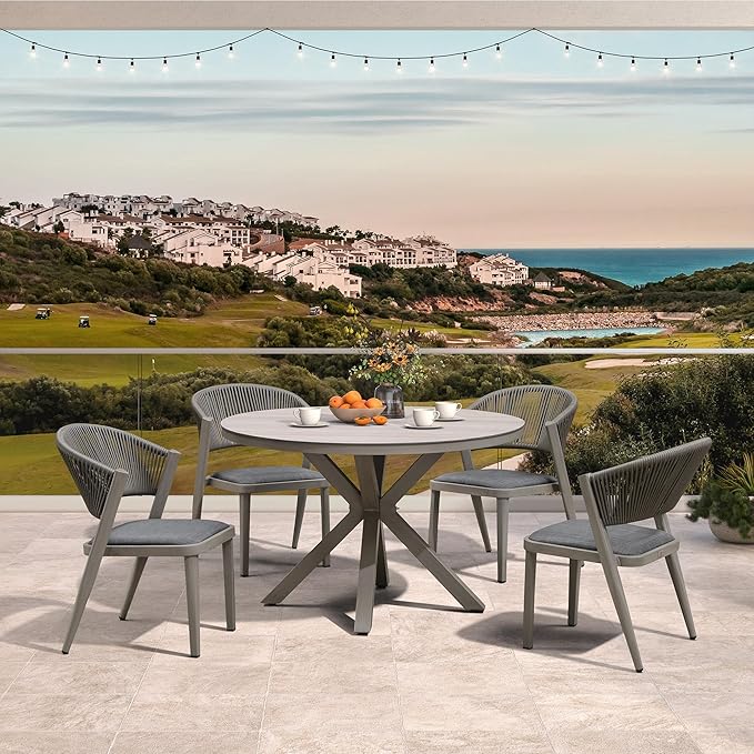 PURPLE LEAF 5 Pieces Oversized Round Dining Set Aluminum Frame and Wicker Rattan Patio Table and Chairs with Cushions for Garden Deck Outdoor Grey