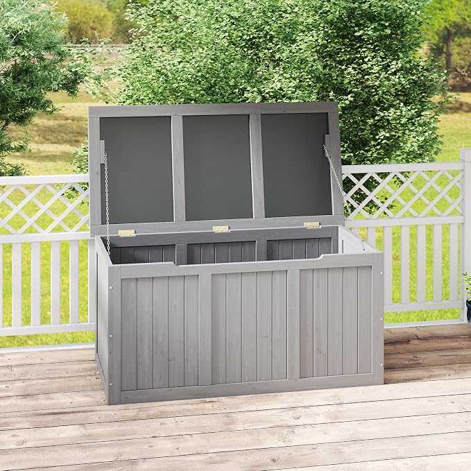 CIATRE 67-Gallon Outdoor Wooden Deck Box – Solid Wood Storage Bench with Seat & Table Top, Weather-Resistant Patio Cushion & Pool Toy Organizer -Grey