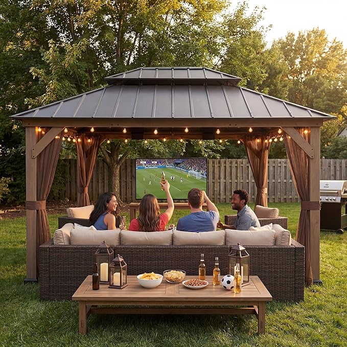 SUNJOY 12x16 Hardtop Wood Gazebo with Galvanized Steel Roof and Mosquito Netting, Outdoor Permanent Pavilion Cedar Gazebo for Backyard, Garden, Patio, Deck, Lawn