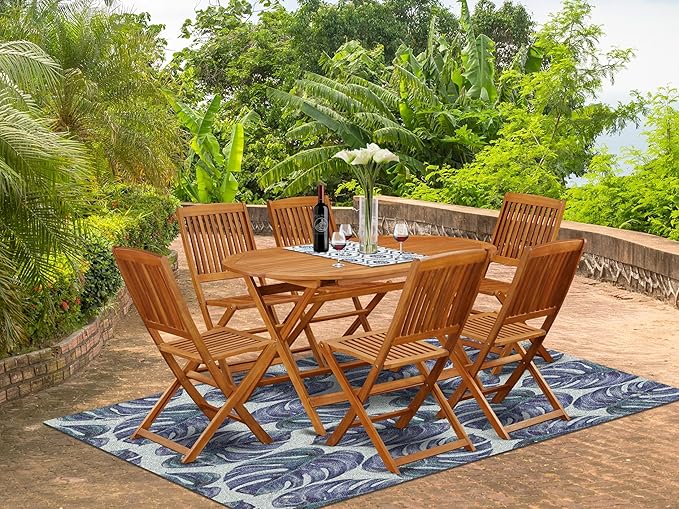 East West Furniture DICM7CWNA 7 Piece Patio Dining Set Consist of an Oval Outdoor Acacia Wood Table and 6 Folding Side Chairs, 36x60 Inch, Natural Oil