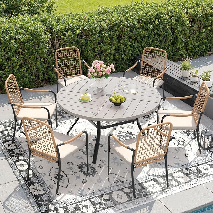 DIFY 7 Pieces Outdoor Dining Set, Metal Patio Table and Chairs Set for 6, 47.2" Round Dining Table with Umbrella Hole & Wicker Stackable Patio Chairs with Cushions, Grey Wood-Like Tabletop