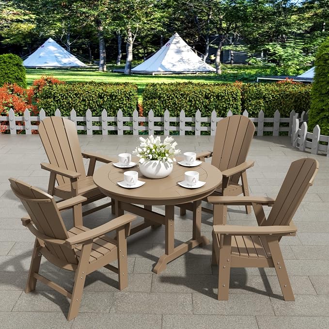 WestinTrends Malibu Patio Dining Table, All Weather Poly Lumber Adirondack 47" Trestle Round Outdoor Table with Umbrella Hole, Weathered Wood
