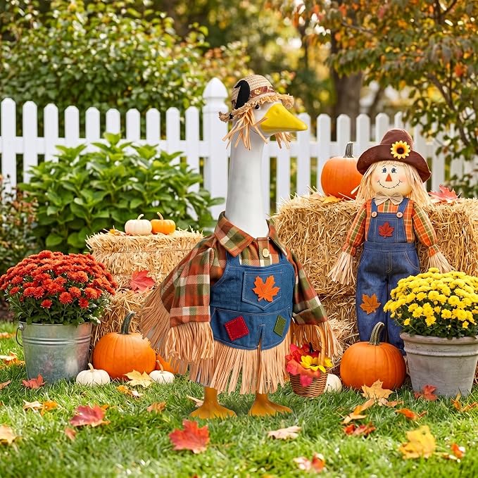 Scarecrow Porch Goose Outfits Fits 23" Cement Plastic Statue Fall Scarecrow Goose Clothes for Autumn Day Outdoor Garden Yard Patio Statue Art Decor