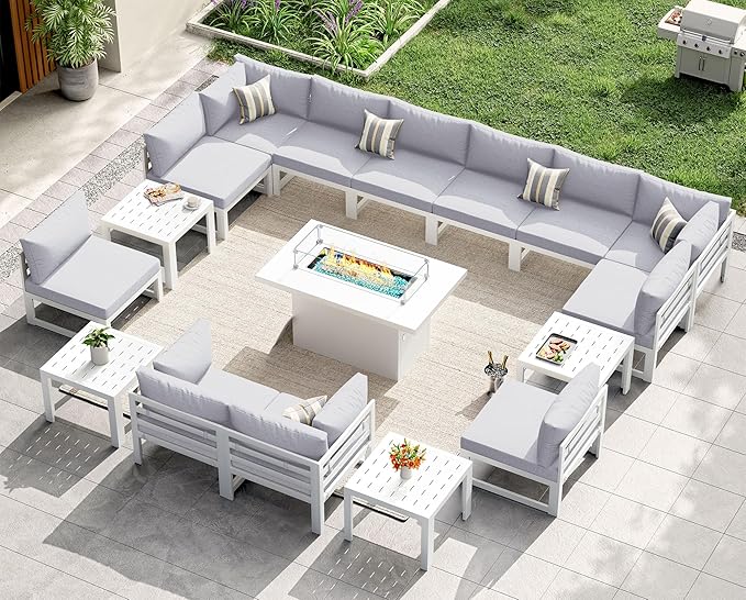 NICESOUL 17 Piece Extra Large Aluminum Outdoor Patio Furniture Set with Fire Pit Table & End Table, L Shaped Modern Sectional Couch, 29" Wide Deep Seating Conversation Sofa for Terrace, Light Gray