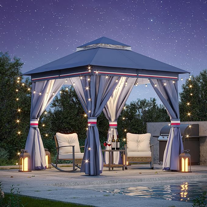 LAUSAINT HOME 8'x8' Outdoor Gazebo, Metal Frame Heavy Duty Patio Canopy Tent Shelter with Double Roofs, Mosquito Nettings and Privacy Screens for Backyard, Garden, Lawn, Classic Blue
