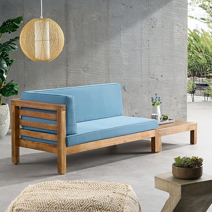 Christopher Knight Home Oana Outdoor Left Arm Loveseat and Coffee Table Set - Acacia Wood - Teak/Blue