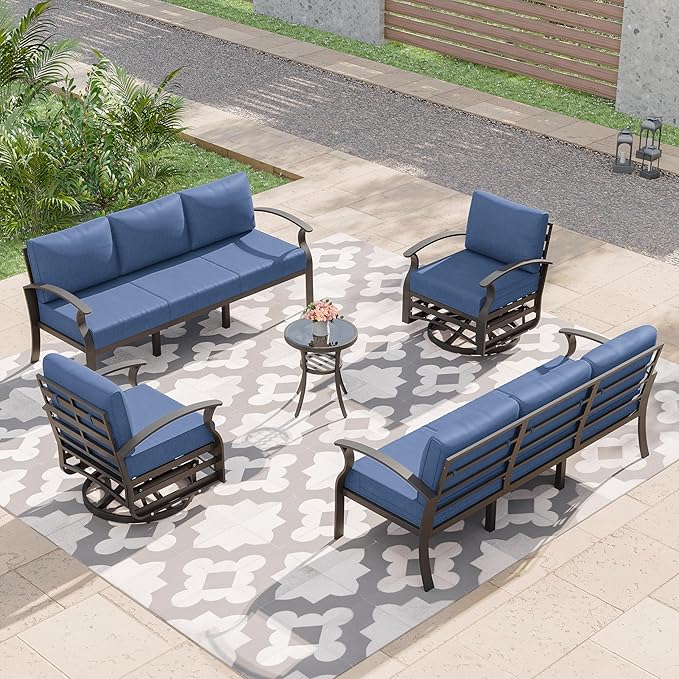 Kurapika Aluminum Patio Furniture Set 8-Seat Modern Metal Outdoor Conversation Sets w/Swivel Rocking Chairs Patio Sectional Sofa w/5.1 Inch Cushion, Navy Blue
