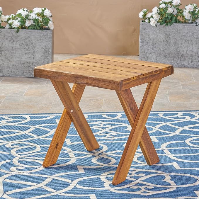 IRONORA Natural Acacia Wood Outdoor Side Table, Square Slatted Top Patio End Table with X-Shaped Legs, Weathered Teak Finish for Backyard Garden Balcony