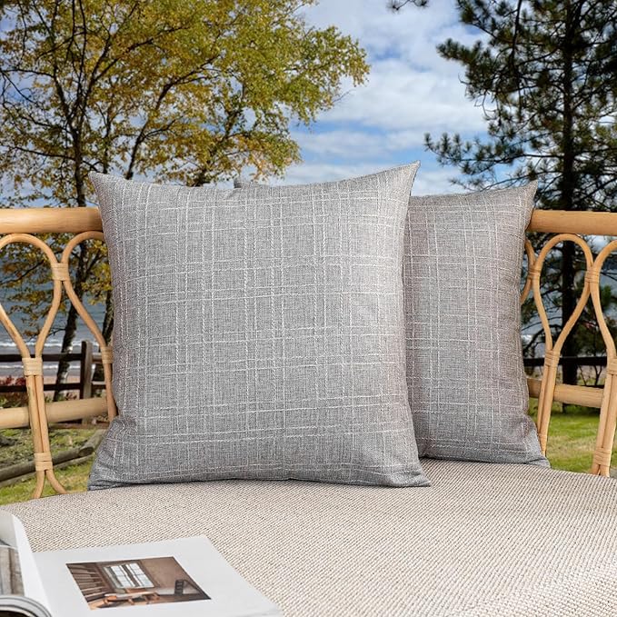 Kevin Textile Outdoor Waterproof 16”x16” Pillow Covers 2 Pack, Grey | Water Resistant, Soft Faux Linen-cotton Yarn-dyed Woven Texture Throw Pillow Covers for Tent Patio Garden Couch Sofa