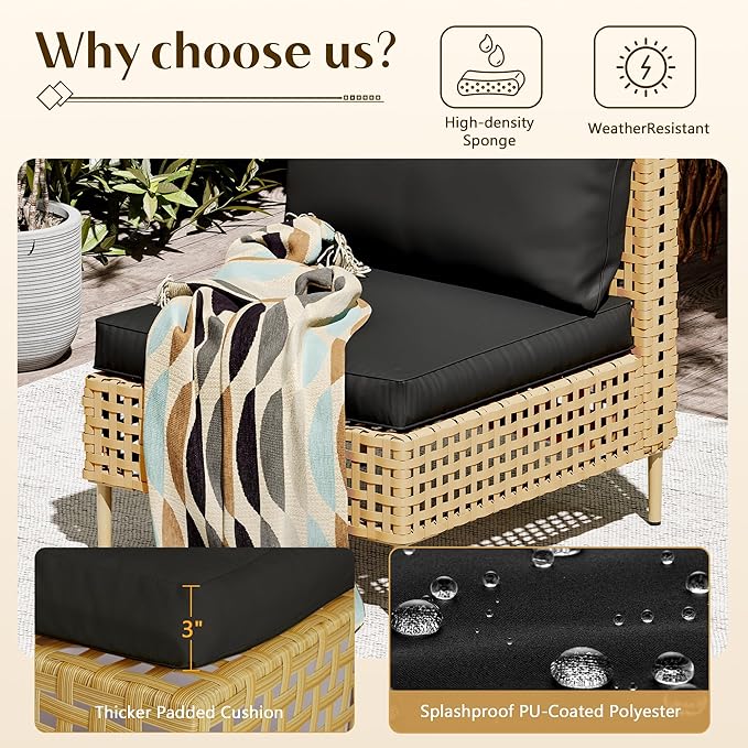 LHBcraft Patio Furniture Set, Large 7 Piece Wicker Outdoor Sectional Furniture Set with Coffee Table, Patio Conversation Sets Sofa, Hand Knitting, All-Weather Cushions for Backyard, Porch, Black