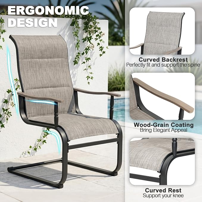 NUU GARDEN 5-Piece Outdoor Dining Set, Grayish Brown C-Spring Chairs | 37" square metal table with umbrella hole, 4 C-spring motion textilene chairs with stylish wood-grain armrests