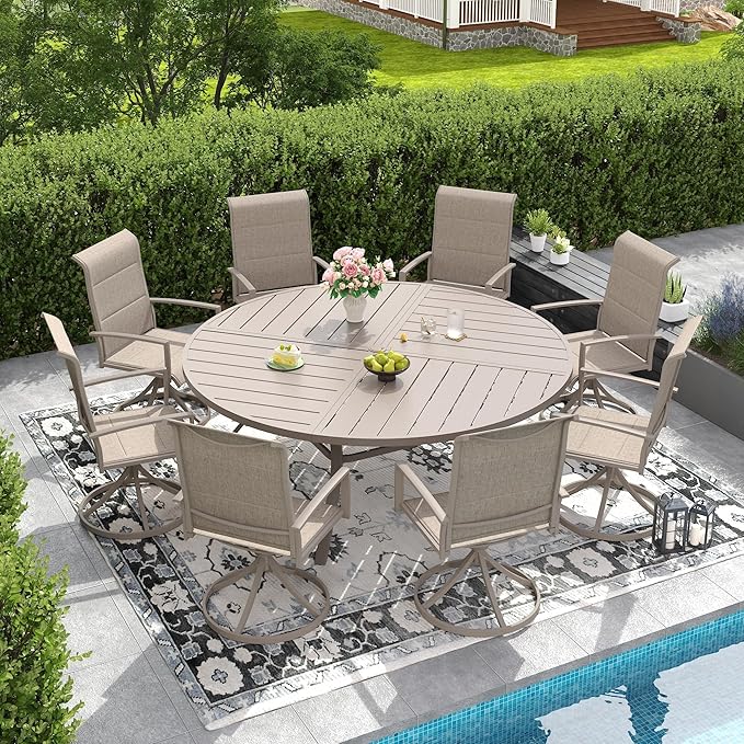 DIFY 9 Piece Outdoor Dining Set, Metal Patio Table and Chairs Set, 63" Round Dining Table & 8 Padded Textilene Swivel Patio Chairs, Outdoor Furniture Set for Garden Backyard Porch, Sandshell