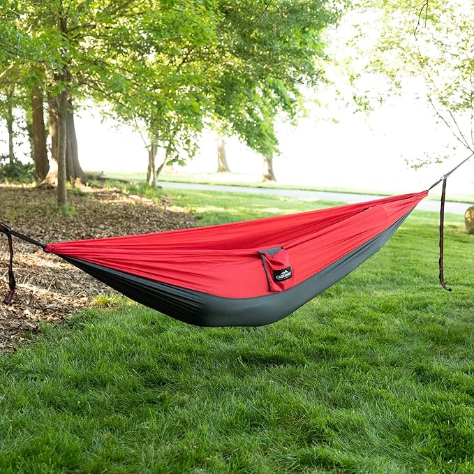 Hammock In a Bottle By Castaway Living, Red/Black Double Camping Hammock with 2 Tree Straps, 32 oz. Bottle, Triple Stitched Durable Nylon Material, Compact Design for Travel, Beach, Backyard, 400 Lbs.