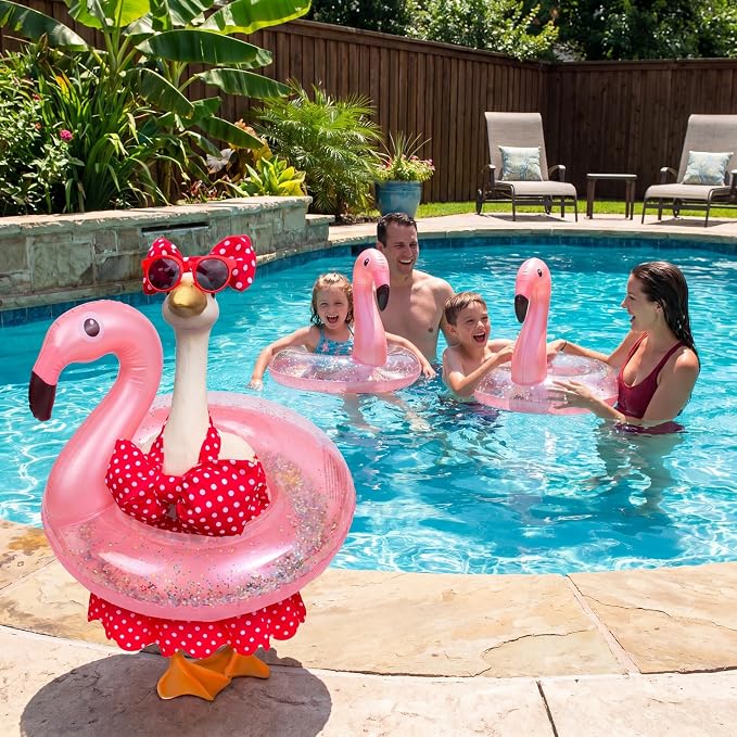 Abbylike Summer Bikini Porch Goose Outfits Hawaiian Goose Clothes Fits 23" H Cement Plastic Statue with Hat Sunglasses & Swimming Ring for Outdoor Garden Lawn Patio Yard Decor(Flamingo)