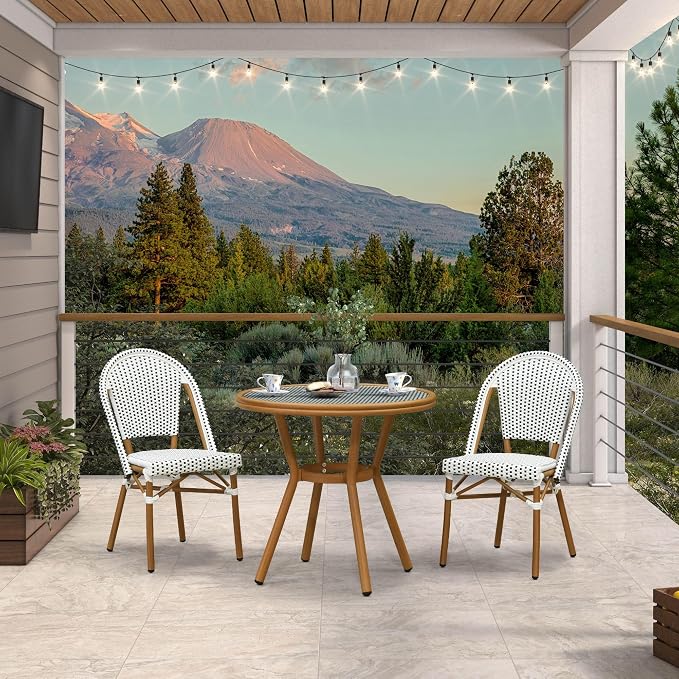 PURPLE LEAF 3-Piece French Bistro Dining Set Round Outdoor Patio Table and 2 Armless Chairs Tempered Glass Top PE Rattan Bamboo Print Finish Aluminum Frame White